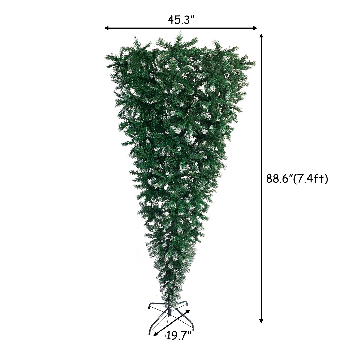 Upside Down Green Christmas Tree, with LED Warm White Lights, Green leaves with part spraying White, Reinforced Metal Base & Easy Assembly 7.4ft