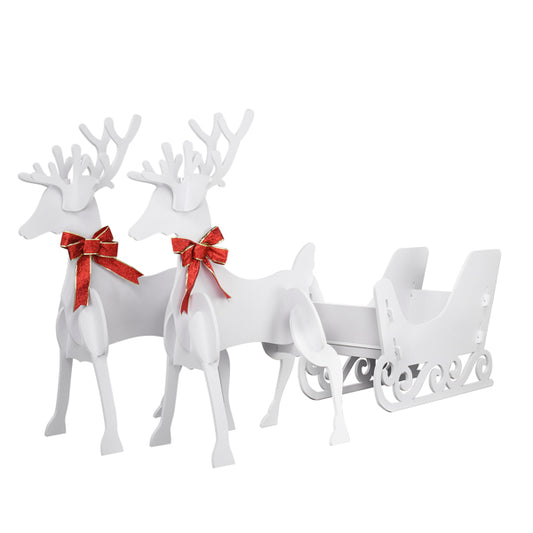 2 Deer Pulls 1 Sled PVC Garden Elk Decoration White