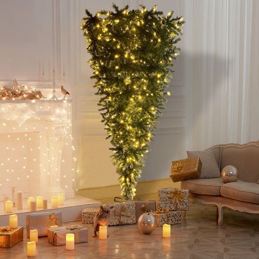 Upside Down Green Christmas Tree, with LED Warm White Lights, Green leaves with part spraying White, Reinforced Metal Base & Easy Assembly 7.4ft