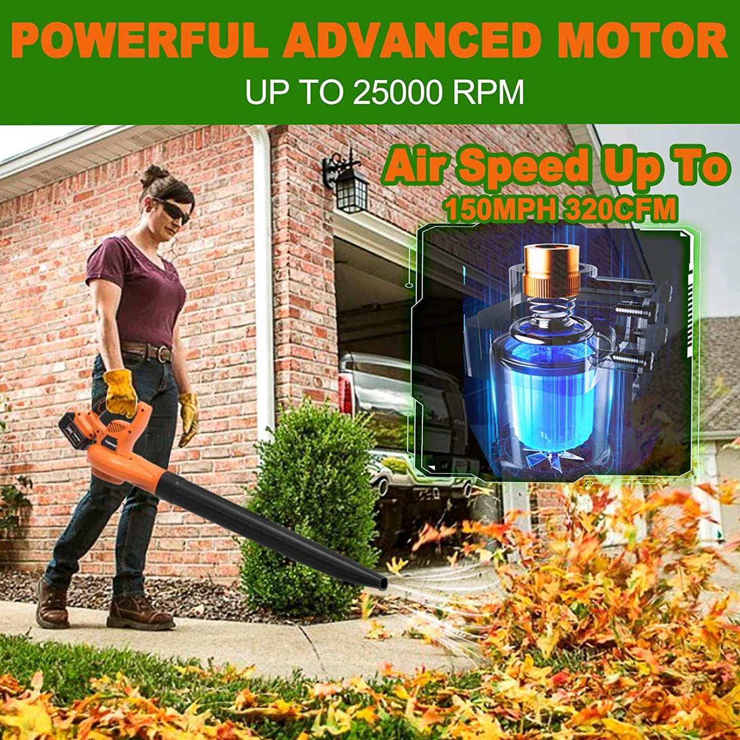 24V Cordless Leaf Blower with 2* 4.0 Ah Batteries, Up to 150 MPH