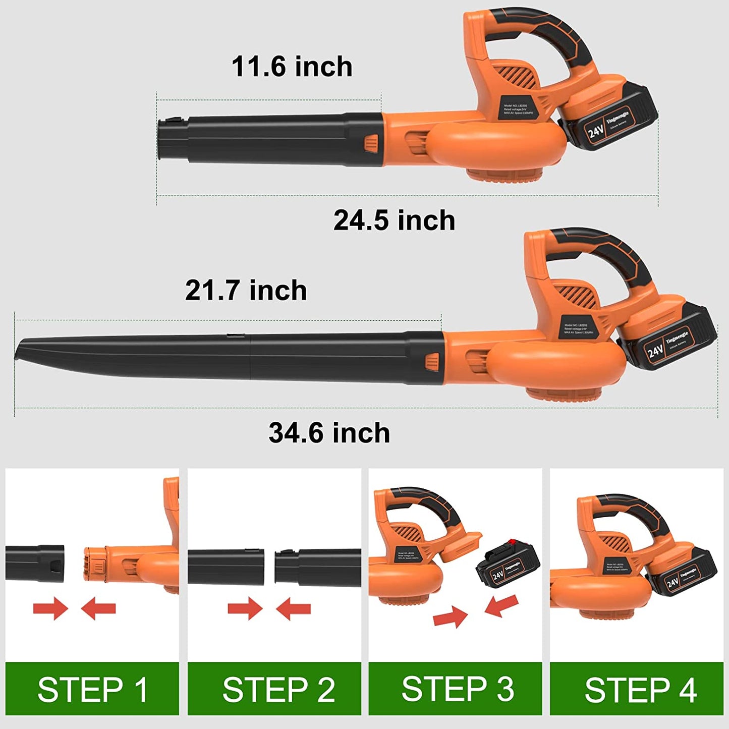 24V Cordless Leaf Blower with 2* 4.0 Ah Batteries, Up to 150 MPH