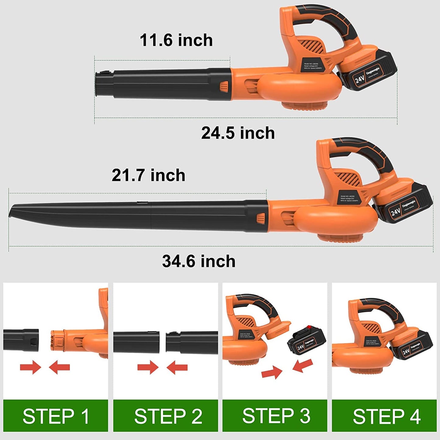 24V Cordless Leaf Blower with 2* 4.0 Ah Batteries & Blow Tubes, Up to –  Tingmengte