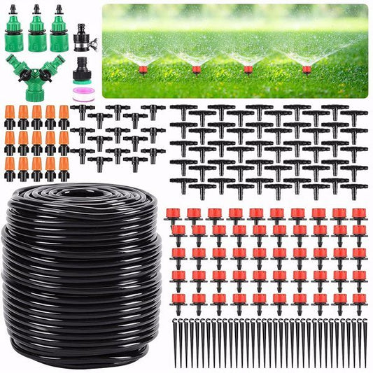 Garden Drip Irrigation Kit, 164 ft/50 m Greenhouse Micro Automatic Drip Irrigation System Kit with 1/4 in. 1/2 in. Blank Distribution Hose Hose Adjustable Patio Nozzle Sprinkler with Barbed Fitting