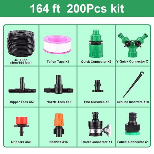 Garden Drip Irrigation Kit, 164 ft/50 m Greenhouse Micro Automatic Drip Irrigation System Kit with 1/4 in. 1/2 in. Blank Distribution Hose Hose Adjustable Patio Nozzle Sprinkler with Barbed Fitting