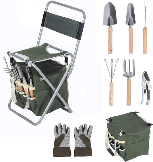 9 PCS Garden Tools Set Ergonomic Wooden Handle Sturdy Stool with Detachable Tool Kit Perfect for Different Kinds of Gardening